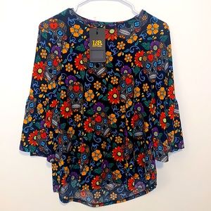 2/$15 Small L&B Lucky & Blessed Multi-colored Sugar Skull Short Bell Sleeve